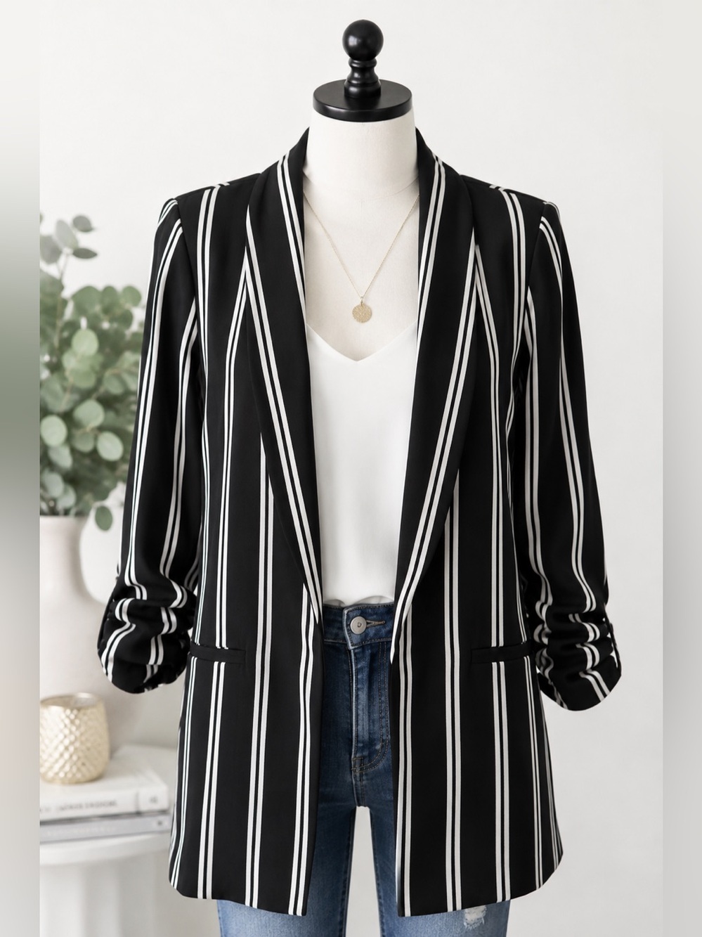 ONE5ONE Black & White Striped Open Front Blazer Jacket Size Large